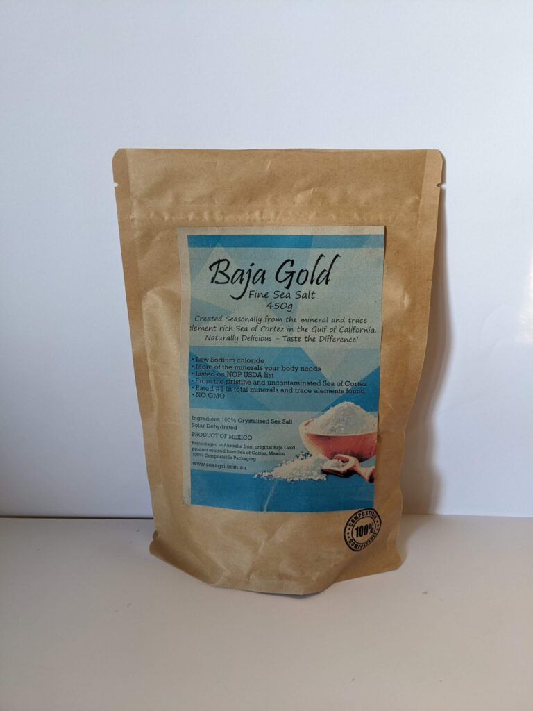 A close up of Baja gold sea salt in its packaging.