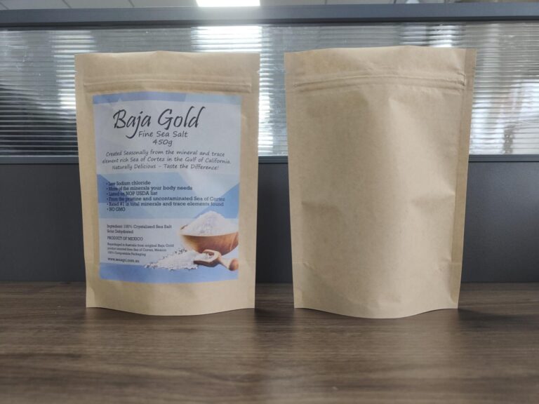 Close up of Baja gold sea salt, front and back of the packaging.